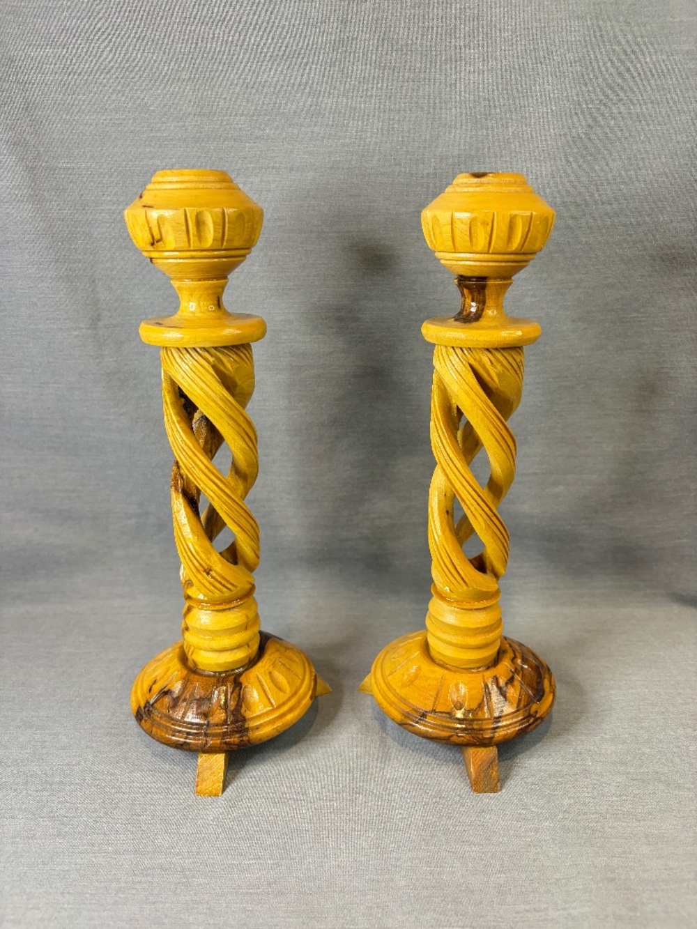Candlestick Pair Twisted Hollow Spiral Hand-Carved Rustic Natural Finish